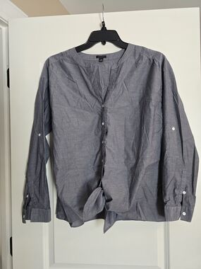 Banana Republic XL Linen Chambray Jewel Neck Button Down Camp Shirt Bow Tie